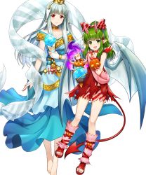 Rule 34 | 2girls, alternate costume, amagai tarou, bare shoulders, barefoot, blue hair, candy, child, closed mouth, collarbone, costume, demon tail, dragon wings, dress, feet, female focus, fire emblem, fire emblem: mystery of the emblem, fire emblem: the blazing blade, fire emblem heroes, food, full body, green eyes, green hair, hair ornament, halloween, halloween costume, highres, holding, horns, jack-o&#039;-lantern, lips, long dress, long hair, looking at viewer, matching hair/eyes, multiple girls, ninian, nintendo, official alternate costume, official art, oni, oni horns, open mouth, pointy ears, ponytail, red dress, red eyes, red footwear, sandals, short dress, sidelocks, silver hair, sleeveless, smile, snowflake print, tail, tiki (fire emblem), tiki (young) (fire emblem), toeless footwear, toes, trait connection, transparent background, wings