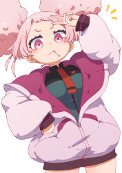Rule 34 | 1girl, :3, afro puffs, arm up, blush, chuatury panlunch, gundam, gundam suisei no majo, hand in pocket, high collar, highres, jacket, long sleeves, looking at viewer, mouth hold, necktie, oversized clothes, pink eyes, pink hair, samansa ex, short bangs, short eyebrows, smile, solo, thick eyebrows, v