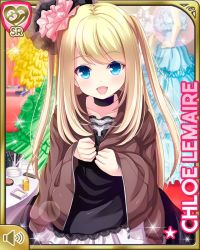 Rule 34 | 1girl, black dress, blonde hair, blue eyes, bow, brown jacket, card, character name, chloe lemaire, dress, girlfriend (kari), hair ornament, hair scrunchie, indoors, jacket, kneeling, long hair, official art, open mouth, qp:flapper, red bow, scrunchie, smile, solo, tagme