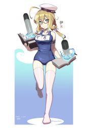 Rule 34 | 10s, 1girl, 2016, ahoge, arm strap, blonde hair, book, bookmark, breasts, character name, dated, full body, glasses, green eyes, holding, holding book, i-8 (kancolle), kantai collection, long hair, low twintails, name tag, no shoes, one-piece swimsuit, open book, red-framed eyewear, school swimsuit, semi-rimless eyewear, smile, solo, standing, standing on one leg, swimsuit, thighhighs, tonami kanji, torpedo, twintails, twitter username, under-rim eyewear, white thighhighs