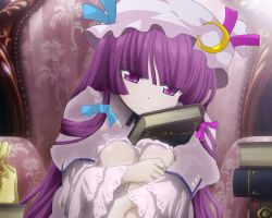 Rule 34 | 1girl, book, hugging book, crescent, crescent hair ornament, expressionless, frills, gosick, hair ornament, hair ribbon, hat, holding, holding book, hugging own legs, knees, knees together feet apart, legs together, long hair, long sleeves, neck ribbon, hugging object, patchouli knowledge, purple eyes, purple hair, ribbon, sitting, solo, touhou, tsurime, very long hair, woofey