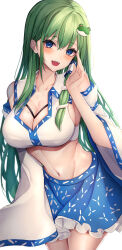 Rule 34 | 1girl, 7saki, absurdres, bad id, bad pixiv id, blue eyes, blue skirt, breasts, cleavage, collared shirt, crop top, detached sleeves, frog hair ornament, green hair, hair ornament, hair tubes, highres, kochiya sanae, large breasts, long hair, midriff, miniskirt, mole, mole on breast, navel, nontraditional miko, revision, shirt, simple background, single sidelock, skirt, sleeveless, sleeveless shirt, snake hair ornament, solo, teeth, touhou, upper teeth only, white background, white shirt
