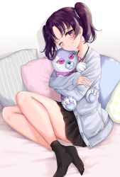 Rule 34 | 1girl, black skirt, black socks, blush, closed mouth, eyelashes, highres, kazuno leah, long sleeves, looking at viewer, love live!, love live! sunshine!!, miniskirt, no shoes, hugging object, on bed, one eye closed, purple eyes, purple hair, rama (yu-light8), scrunchie, sitting, skirt, smile, socks, solo, stuffed animal, stuffed toy, sweater, twintails
