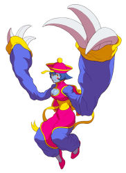 Rule 34 | 1girl, arms up, blue hair, blue skin, blush, blush stickers, breasts, bursting breasts, capcom, cape, chinese clothes, claws, cleavage, cleavage cutout, clothing cutout, colored skin, dress, fighting stance, flipped hair, full body, hat, hiroshi yamamiya, jiangshi, large breasts, lei lei, ofuda, qingdai guanmao, ribbon, shoes, short hair, simple background, slippers, smile, solo, turtleneck, vampire (game), yamamiya hiroshi, yellow eyes