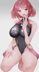 Rule 34 | 1girl, absurdres, bare shoulders, black one-piece swimsuit, blush, bob cut, breasts, chest jewel, circlet, cleavage, competition swimsuit, covered navel, dangle earrings, earrings, grey background, grey eyes, hand on own face, highres, hime cut, jewelry, kataku musou, kneeling, large breasts, long hair, looking at viewer, nail polish, navel, nintendo, one-piece swimsuit, open mouth, pyra (pro swimmer) (xenoblade), pyra (xenoblade), red eyes, red hair, red nails, red one-piece swimsuit, short hair, skin tight, solo, swept bangs, swimsuit, thick thighs, thighs, tiara, two-tone swimsuit, xenoblade chronicles (series), xenoblade chronicles 2