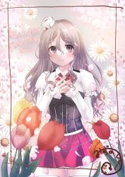 Rule 34 | 1girl, absurdres, anniversary, blush, breasts, brown eyes, flower, grey hair, hands on own chest, highres, kantai collection, long hair, long sleeves, looking at viewer, mizunototori, petals, pink flower, pola (kancolle), red flower, red skirt, skirt, smile, solo, thick eyebrows, thighhighs, tulip, white flower, white thighhighs, yellow flower