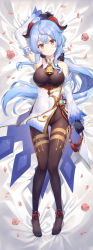 Rule 34 | 1girl, ahoge, anklet, arm up, bare shoulders, bed sheet, bell, black gloves, black leotard, black pantyhose, blue hair, chinese knot, clenched hand, closed mouth, cowbell, dakimakura (medium), detached sleeves, flower, full body, ganyu (genshin impact), gemini (feng), genshin impact, gloves, goat horns, gold trim, highres, horns, impossible clothes, jewelry, leotard, long hair, looking at viewer, lying, no nose, no shoes, on back, pantyhose, pelvic curtain, petals, pink flower, sidelocks, smile, solo, taut clothes, very long hair, vision (genshin impact), yellow eyes