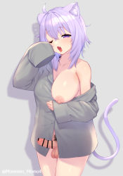 Rule 34 | 1girl, ahegao, animal ears, bar censor, breasts, cat ears, cat girl, cat tail, censored, cowboy shot, erection, fang, female pubic hair, foreskin, futanari, grey background, grey shirt, hair between eyes, highres, hololive, large breasts, looking at viewer, nekomata okayu, nipples, one breast out, one eye closed, open mouth, penis, phimosis, pubic hair, purple eyes, purple hair, shirt, simple background, sleeves past wrists, solo, tail, testicles, tongue, tongue out, virtual youtuber, yoshiwa tomo