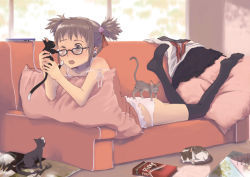 Rule 34 | 1girl, black thighhighs, brown hair, camisole, cat, couch, food, glasses, kitten, lying, on stomach, panties, pillow, pocky, short twintails, solo, thighhighs, twintails, underwear, white panties