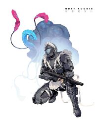Rule 34 | 1boy, alien, armor under clothes, assault visor, black choker, black eyes, black footwear, black gloves, boots, chinese text, choker, commentary, crossdressing, engineer (halo), english commentary, extra eyes, fingerless gloves, frilled choker, frills, gloves, gun, halo (series), halo 3: odst, helmet, highres, holding, holding gun, holding weapon, looking ahead, m7, maid headdress, male focus, odst, solo focus, squatting, submachine gun, taocan shisi hao, tentacles, the rookie, thigh strap, weapon, white background