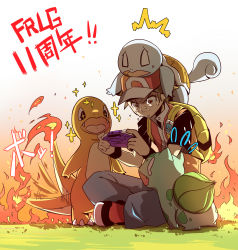 Rule 34 | 1boy, ^^^, backpack, bag, baseball cap, black wristband, brown eyes, brown hair, bulbasaur, charmander, commentary request, creature, creatures (company), fiery tail, fire, flame-tipped tail, frown, full body, game boy advance, game freak, gen 1 pokemon, grass, handheld game console, hat, hc2002, highres, holding, holding handheld game console, male focus, nintendo, on head, outdoors, playing games, pokemon, pokemon (creature), pokemon frlg, pokemon on head, red (pokemon), red headwear, sitting, sparkle, spiked hair, squirtle, standing, starter pokemon trio, sweat, tail, translation request, vs seeker, wristband