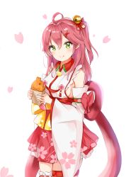 Rule 34 | 1girl, absurdres, ahoge, bare shoulders, bell, blush, bow, brown hair, cherry blossom print, closed mouth, commentary, detached sleeves, floral print, food, green eyes, hair bell, hair between eyes, hair ornament, hairclip, highres, holding, holding food, hololive, jingle bell, long hair, long sleeves, looking at viewer, one side up, petals, pleated skirt, print skirt, red bow, red skirt, sakura miko, sakura miko (1st costume), simple background, skirt, sleeveless, smile, solo, taiyaki, virtual youtuber, wagashi, white background, white sleeves, wide sleeves, x hair ornament, yukaa