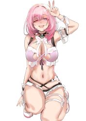 Rule 34 | 1girl, absurdres, alternate costume, armpits, bare shoulders, bikini, black choker, blue eyes, blush, bow, bowtie, breasts, bridal garter, choker, cleavage, elf, elysia (honkai impact), elysia (miss pink elf) (honkai impact), elysia (summer miss elf) (honkai impact), hair between eyes, hands up, highres, honkai (series), honkai impact 3rd, large breasts, legs, looking at viewer, midriff, navel, pink hair, pink pupils, pink top, pointy ears, saki (remainaddd), salute, smile, swimsuit, teeth, two-finger salute, upper teeth only, white background, white bow, white bowtie, white footwear