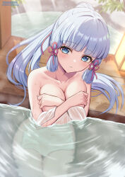 Rule 34 | 1girl, ayaka (genshin impact), blue eyes, blue hair, blunt bangs, breasts, covering breasts, covering privates, genshin impact, hair ribbon, highres, large breasts, light blue hair, long hair, looking at viewer, mole, mole under eye, nude, nude cover, partially submerged, ponnyu12, ponytail, ribbon, solo, tress ribbon