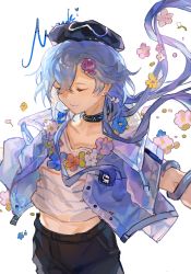 Rule 34 | 1boy, arknights, bishounen, blue hair, character name, closed eyes, cowboy shot, earrings, flower, flower wreath, hair ornament, hairpin, hat, highres, infection monitor (arknights), jewelry, long hair, male focus, midriff, mizuki (arknights), purple eyes, shirt, simple background, solo, white background, yipingtaopuzi