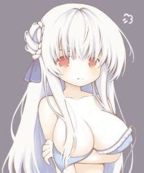 Rule 34 | 1girl, :t, arm under breasts, azur lane, bare arms, bare shoulders, blue bra, blue ribbon, blush, bra, braid, breast hold, breasts, cleavage, closed mouth, collarbone, commentary request, covered erect nipples, cygnet (azur lane), eyebrows hidden by hair, grey background, hair between eyes, hair bun, hair censor, hair over breasts, hair over one breast, hair ribbon, large breasts, long hair, looking at viewer, red eyes, ribbon, sakurato ototo shizuku, side bun, simple background, single hair bun, single side bun, solo, tears, underwear, underwear only, upper body, very long hair, white hair