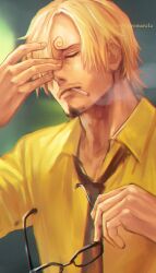 Rule 34 | 1boy, artist name, blonde hair, cigarette, closed eyes, closed mouth, commentary request, curly eyebrows, facial hair, goatee, hair over one eye, highres, holding, holding removed eyewear, male focus, necktie, one eye covered, one piece, sanji (one piece), shirt, short hair, smoke, solo, tsuyomaru, twitter username, unworn eyewear, yellow shirt