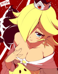 Rule 34 | 1girl, ario, bare shoulders, blonde hair, blue eyes, breasts, cleavage, creepy, crown, earrings, fat, fat man, from above, hair over one eye, jewelry, large breasts, looking at viewer, lubba, luma (mario), mario (series), nintendo, polari (super mario galaxy), rosalina, seductive smile, smile, solo, star (symbol), sunnysaidup, super mario galaxy, when you see it