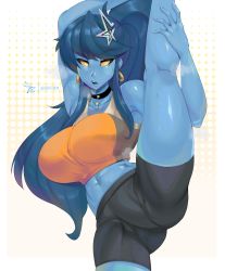 Rule 34 | 1girl, :o, absurdres, ass, bike shorts, blue hair, blue skin, breasts, breath, choker, colored sclera, colored skin, earrings, geistbox, gluteal fold, hair ornament, heavy breathing, highres, jewelry, large breasts, long hair, navel, original, pandy (geistbox), split, sports bra, sportswear, standing, standing on one leg, standing split, star (symbol), star hair ornament, steam, sweat, sweatdrop, thighs, toned, twitter username, white background, yellow eyes, yellow sclera