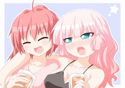 2girls ^_^ akaza_akari alcohol alternate_hair_length alternate_hairstyle aqua_eyes arm_around_neck beer blush breasts cleavage closed_eyes drunk closed_eyes jewelry kagerou_(kers) kers large_breasts long_hair multiple_girls aged_up open_mouth pink_hair ring smile star_(symbol) upper_body yoshikawa_chinatsu yuru_yuri