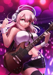 Rule 34 | 1girl, bare shoulders, belt, belt buckle, between breasts, black skirt, black thighhighs, breasts, buckle, commentary, confetti, covered erect nipples, dirty ero, electric guitar, english commentary, guitar, headphones, highres, impossible clothes, instrument, large breasts, lens flare, lens flare abuse, long hair, midriff, miniskirt, music, navel, nitroplus, pink hair, playing instrument, red eyes, side slit, skirt, sleeveless, smile, solo, star tattoo, stomach tattoo, strap between breasts, strapless, super sonico, tattoo, thighhighs, tube top, wireless, wrist cuffs, zettai ryouiki