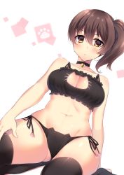 Rule 34 | 10s, 1girl, bad id, bad pixiv id, bell, black panties, black thighhighs, blush, breasts, brown hair, cat cutout, cat ear panties, cat lingerie, choker, cleavage, cleavage cutout, clothing cutout, collarbone, highres, jingle bell, kaga (kancolle), kantai collection, large breasts, meme attire, navel, navy (navy.blue), neck bell, panties, short hair, side-tie panties, side ponytail, solo, stomach, thighhighs, underwear, yellow eyes