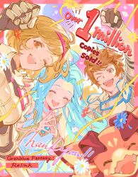 Rule 34 | 1boy, 1other, 2girls, absurdres, ahoge, arm up, armor, blonde hair, blue hair, brown hair, closed eyes, commentary, cowboy shot, daisy, djeeta (granblue fantasy), dragon, dress, english commentary, english text, floating hair, flower, gran (granblue fantasy), granblue fantasy, granblue fantasy: relink, highres, lyria (granblue fantasy), messy hair, milestone celebration, minaba hideo, multicolored background, multiple girls, official alternate costume, official art, one eye closed, own hands together, parted bangs, party popper, short hair, sketch, smile, teeth, upper teeth only, vyrn (granblue fantasy), white dress