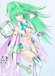 Rule 34 | 10s, 1girl, 2015, breasts, cleavage, elbow gloves, female focus, gloves, green hair, green heart (neptunia), headgear, highres, large breasts, long hair, looking at viewer, navel, neptune (series), parted lips, ponytail, power symbol, purple eyes, sciamano240, solo, symbol-shaped pupils, thighhighs, underboob, vert (neptunia), very long hair