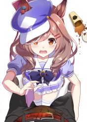 Rule 34 | 1girl, absurdres, animal ears, blush, breasts, brown eyes, brown hair, collarbone, commentary request, crotch, cup, drink, hair ornament, hairclip, hat, highres, horse ears, horse girl, horse tail, kneeling, looking at viewer, matikane tannhauser (umamusume), medium breasts, medium hair, open mouth, pov, ribbon, school uniform, solo focus, stain, tail, taki rentaro, tissue, tracen school uniform, umamusume