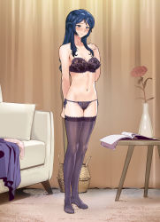 Rule 34 | 1girl, bare arms, bare shoulders, basket, black bra, black panties, black thighhighs, blue hair, blush, bra, breasts, cleavage, unworn clothes, collarbone, couch, female focus, flower, full body, hand up, highres, jewelry, large breasts, long hair, looking at viewer, no shoes, original, panties, pillow, red flower, ring, shiny clothes, solo, standing, strapless, strapless bra, thighhighs, underwear, wedding band, yewang19