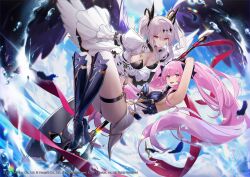 Rule 34 | 2girls, arm up, armpits, axe, azur lane, boots, breasts, cleavage, commentary request, feathers, hair ornament, highres, holding, holding weapon, joffre (azur lane), la galissonniere (azur lane), large breasts, long hair, looking at viewer, medium hair, multiple girls, official art, pink eyes, pink hair, red eyes, thigh strap, tongue, tongue out, twintails, weapon, white hair, wings, yohaku