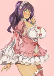 Rule 34 | 1girl, blush, breasts, bursting breasts, cleavage, closed mouth, commentary request, cowboy shot, dress, frilled thighhighs, frills, from side, large breasts, long hair, looking at viewer, maid headdress, pink background, pink dress, pink thighhighs, purple hair, red eyes, simple background, smile, solo, standing, thighhighs, touhou, yasaka kanako, yohane