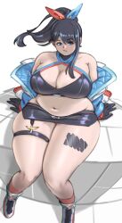 Rule 34 | alterxsu, belly, black gloves, black hair, blue eyes, blue jacket, blue ribbon, blush, breasts, commentary, fat, floating hair, from above, garter straps, gloves, gridman universe, groin, hair ribbon, halterneck, highres, huge breasts, jacket, long hair, miniskirt, navel, off shoulder, parted lips, ponytail, red ribbon, ribbon, shoes, single garter strap, sitting, skindentation, skirt, sneakers, ssss.gridman, takarada rikka, thick thighs, thigh strap, thighs, two-tone ribbon, white background