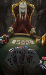 Rule 34 | 1girl, 1other, 4boys, absurdres, alcohol, black neckwear, bottle, cane, card, chair, closed mouth, cup, dice earrings, earrings, facial mark, formal, gambling, gloves, highres, holding, holding cane, holding card, jewelry, jin rey, crossed legs, long hair, multiple boys, necktie, original, pointing, poker chip, pov, red eyes, red lips, red suit, sitting, smile, standing, suit, white gloves, white hair, white neckwear