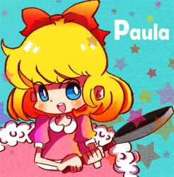Rule 34 | 1girl, blonde hair, blue eyes, blush stickers, bow, bright pupils, character name, dress, frying pan, hair bow, holding, holding frying pan, kumama (amandak), mother (game), mother 2, nintendo, open mouth, paula (mother 2), pink dress, red bow, short hair, solo, star (symbol), teeth, upper teeth only, white pupils
