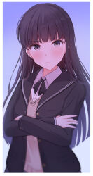 Rule 34 | 1girl, amagami, ayatsuji tsukasa, black bow, black bowtie, black hair, black jacket, black sailor collar, blazer, blue background, blunt bangs, blunt ends, border, bow, bowtie, breasts, brown eyes, brown sweater, closed mouth, collared shirt, commentary, crossed arms, cynic (cynic2324), dress shirt, embarrassed, frown, gradient background, highres, jacket, kibito high school uniform, long hair, looking at viewer, medium breasts, sailor collar, school uniform, shirt, solo, sweater, upper body, white border, white shirt