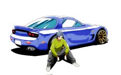 Rule 34 | 1boy, blue car, blue eyes, blue hair, car, corrupted twitter file, green sweater, grey pants, highres, jewelry, kouki (ky1202281), male focus, mazda, mazda rx-7, mazda rx-7 fd, motor vehicle, necklace, original, pants, shadow, shoes, simple background, sitting, sneakers, solo, spoiler (automobile), sports car, sweater, vehicle focus, white background, white footwear