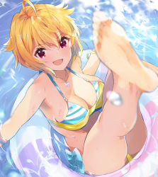 Rule 34 | 1girl, ahoge, barefoot, bikini, blonde hair, blush, breasts, cleavage, collarbone, commentary request, feet, foot focus, hair flaps, ibuki tsubasa, idolmaster, idolmaster million live!, innertube, jewelry, large breasts, looking at viewer, necklace, open mouth, partially submerged, red eyes, ribbon, short hair, smile, soles, solo, striped bikini, striped clothes, swim ring, swimsuit, tetsujin momoko, toes, water, wet