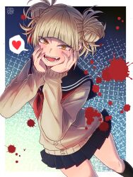 Rule 34 | 1girl, blonde hair, blood, blue background, blush, boku no hero academia, commentary, double bun, fangs, hair bun, hands on own cheeks, hands on own face, heart, highres, kneehighs, ksk dgs420, long sleeves, looking at viewer, messy hair, pleated skirt, sailor collar, school uniform, signature, simple background, skirt, socks, solo, speech bubble, thighs, toga himiko, yellow eyes