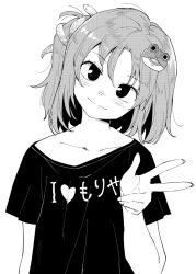 Rule 34 | 1girl, alternate hairstyle, anarogumaaa, clothes writing, collarbone, commentary, frog hair ornament, greyscale, hair ornament, head tilt, kochiya sanae, looking at viewer, monochrome, ponytail, shirt, short sleeves, simple background, smile, snake hair ornament, solo, t-shirt, touhou, translation request, upper body, v, white background