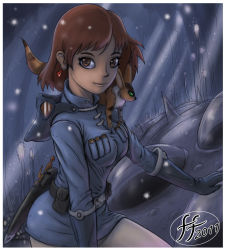 Rule 34 | 14-bis, 1girl, breasts, brown hair, closed mouth, commentary, earrings, gloves, highres, jewelry, kaze no tani no nausicaa, nausicaa, short hair, smile, solo
