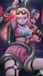 Rule 34 | 1girl, ahoge, badge, barbed wire, black choker, blonde hair, blue eyes, breasts, button badge, candle wax, choker, cleavage, danganronpa (series), danganronpa v3: killing harmony, fingerless gloves, gloves, goggles, goggles on head, highres, iruma miu, large breasts, long hair, naughty face, pleated skirt, qosic, school uniform, serafuku, skirt, smile, solo, thighhighs, tongue, tongue out, white thighhighs