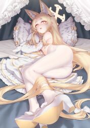 Rule 34 | 1girl, animal ear fluff, animal ears, ass, blonde hair, blue archive, bow, cross halo, dress, flower wreath, forehead, fox ears, gradient eyes, hair bow, halo, high heels, highres, long hair, lying, multicolored eyes, n4gare b0shi, on bed, on side, open mouth, panties, pantyhose, pillow, seia (blue archive), sleeve bow, sleeves past fingers, sleeves past wrists, striped clothes, striped pantyhose, topless, underwear, unworn dress, vertical-striped clothes, vertical-striped pantyhose, white bow, white dress, white panties, yellow halo