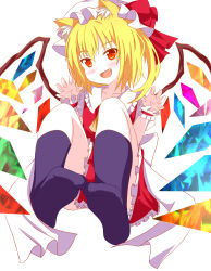 Rule 34 | absurdres, animal ears, blonde hair, blush, bow, cat ears, claw pose, crystal, fang, flandre scarlet, frills, furagu, happy, hat, hat ribbon, highres, looking at viewer, medium hair, mob cap, one side up, open mouth, puffy short sleeves, puffy sleeves, red eyes, red ribbon, red skirt, red vest, ribbon, short sleeves, skirt, smile, touhou, vest, wings, yellow neckwear