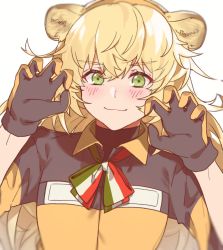 Rule 34 | 1girl, animal ears, aogisa, bad id, bad pixiv id, black gloves, blonde hair, blush, closed mouth, dog ears, girls&#039; frontline, gloves, hair ornament, highres, italian flag neckwear, jacket, long hair, looking at viewer, multicolored clothes, multicolored jacket, neck ribbon, paw pose, ribbon, s.a.t.8 (girls&#039; frontline), smile, solo, white background