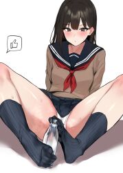 Rule 34 | 1girl, arms behind back, between toes, black sailor collar, black skirt, black socks, blush, bottle, breasts, brown hair, brown shirt, collarbone, commentary request, feet, holding with feet, full body, grey eyes, highres, leaning back, legs, long hair, medium breasts, miniskirt, neckerchief, no shoes, original, panties, pleated skirt, red neckerchief, ribbed socks, sailor collar, school uniform, shadow, shiny skin, shirt, sidelocks, simple background, simulated footjob, skirt, socks, solo, spread legs, sweat, sweatdrop, thighs, toes, underwear, water bottle, white background, white panties, yuyu (yuyuworks)