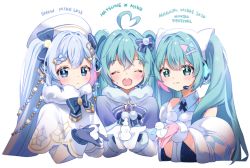 Rule 34 | 3girls, :3, ahoge, animal, aqua eyes, aqua hair, arami o 8, asymmetrical gloves, bad id, bad twitter id, beret, bird, blue bow, blue capelet, blue eyes, blue gloves, blue hair, blush, bow, bowtie, braid, braided bangs, capelet, character name, christmas lights, closed eyes, commentary, cropped torso, detached sleeves, expressionless, facing viewer, fortissimo, fur-trimmed capelet, fur-trimmed sleeves, fur trim, girl sandwich, gloves, gold trim, hair bow, hair ornament, hairclip, hat, hatsune miku, headset, heart, heart ahoge, holding, holding animal, korean commentary, light blue hair, long hair, looking at viewer, magical mirai (vocaloid), magical mirai miku, magical mirai miku (2020 winter), mismatched gloves, mittens, multiple girls, multiple persona, musical note, musical note hair ornament, open mouth, pink gloves, sandwiched, smile, snow sculpture, snowflake print, twintails, upper body, very long hair, vocaloid, white background, white capelet, white headwear, white mittens, wide sleeves, yuki miku, yuki miku (2021)
