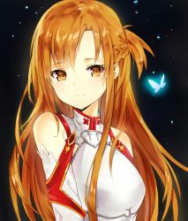 Rule 34 | 10s, 1girl, armor, asuna (sao), bad id, bad pixiv id, blonde hair, blush, breastplate, brown eyes, bug, butterfly, closed mouth, half updo, insect, light smile, long hair, looking at viewer, smile, solo, sword art online, tr (kangtw123), upper body