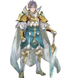 Rule 34 | 1boy, aqua eyes, armor, blue hair, boots, broken, broken sword, broken weapon, cape, clenched hand, closed mouth, dirty, dirty clothes, dirty face, feather trim, fire emblem, fire emblem heroes, full body, gauntlets, highres, hrid (fire emblem), knee boots, long sleeves, looking at viewer, maeshima shigeki, male focus, multicolored hair, nintendo, non-web source, official art, pants, puffy sleeves, short hair, shoulder armor, silver hair, solo, standing, striped, sweat, sweatdrop, sword, transparent background, weapon