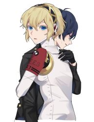 Rule 34 | 1boy, 1girl, aegis (persona), android, black gloves, black hairband, black jacket, blonde hair, blue eyes, blue hair, closed eyes, commentary request, elulit2, gloves, gold trim, hair between eyes, hairband, highres, hug, jacket, korean commentary, looking at viewer, persona, persona 3, persona 3 reload, profile, robot ears, s.e.e.s, simple background, sweat, white background, yuuki makoto (persona 3)